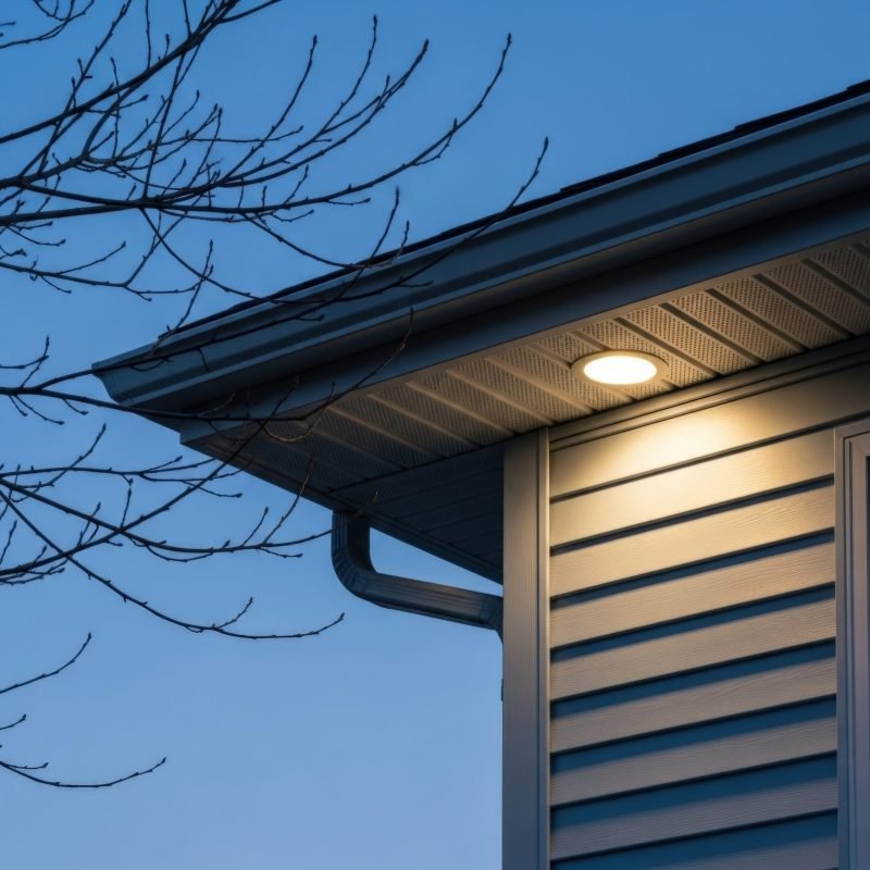 Bare tree branches against dusk sky with illuminated house soffi The image captures a close-up view of a house exterior at dusk. Bare tree branches extend from the left side of the frame against a clear, deep blue twilight sky. A soffit light illuminates the underside of the eaves and casts a warm glow on the light blue horizontal siding of the house. A gutter and downspout are visible along the edge of the roof.